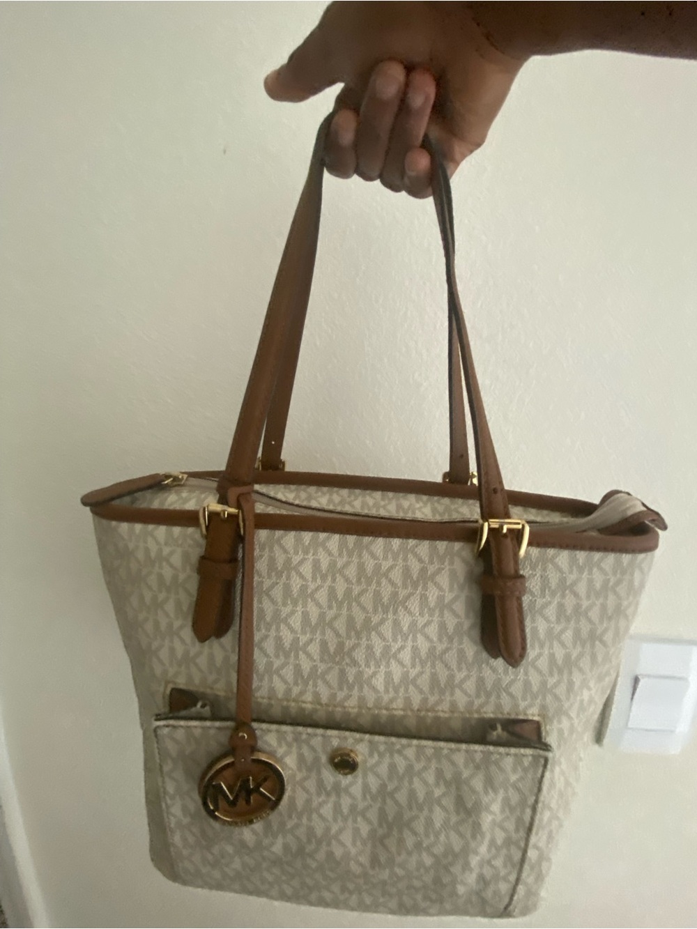 Michael Kors Cream MK Monogram Tote with Brown Trim - Picture 2 of 4